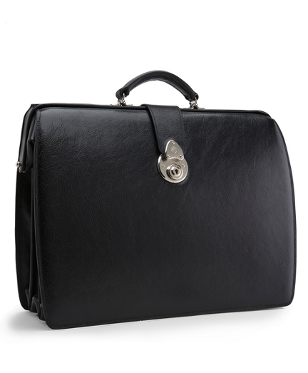 Genuine leather. Top and handle and open. Silver-toned hardware. Lock closure. Outside back pocket.Inside divided into three compartments, with padded center for laptop. Plus a zippered compartment. Navy pinstripe lining. 17.5" X 13" X 6". Handmade in the USA.