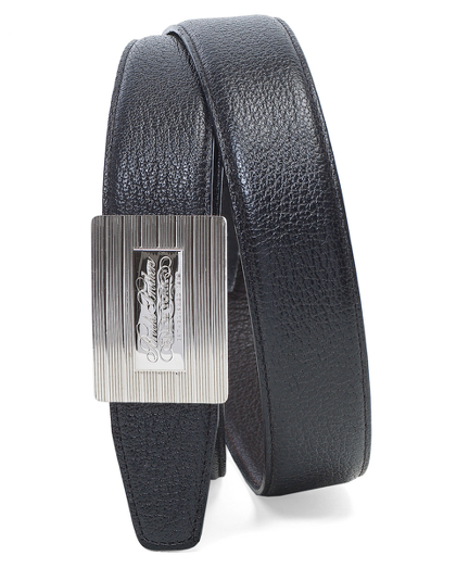 Buffalo leather reversible black to brown. Brooks Brothers engraved plaque buckle. 1 1/4" thick. Made in Italy.