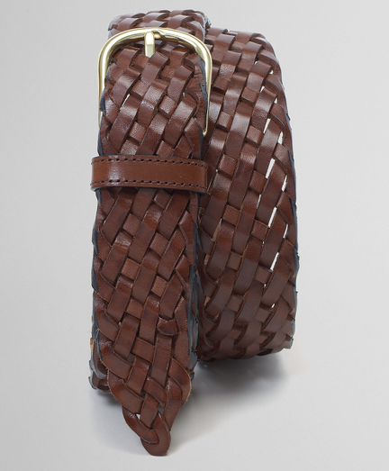 Braided calfskin leather. Rounded brass buckle design, 2" width. Made in Canada.