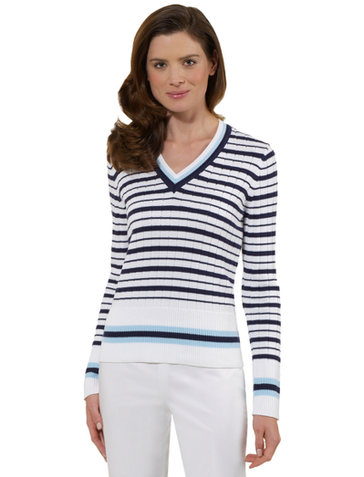 Country Club Cotton Tennis Stripe Long-Sleeve V-Neck