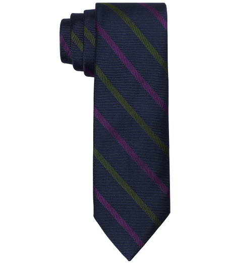 Pure silk woven in England. 3 1/2" width. Dry clean. Made in the USA.