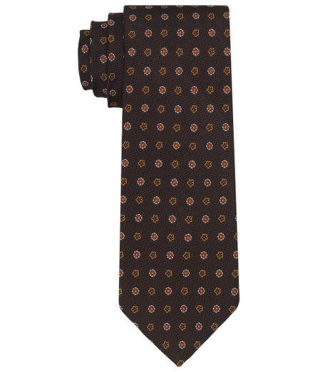 Pure silk woven in England. 3 1/2" width. Dry clean. Made in the USA.