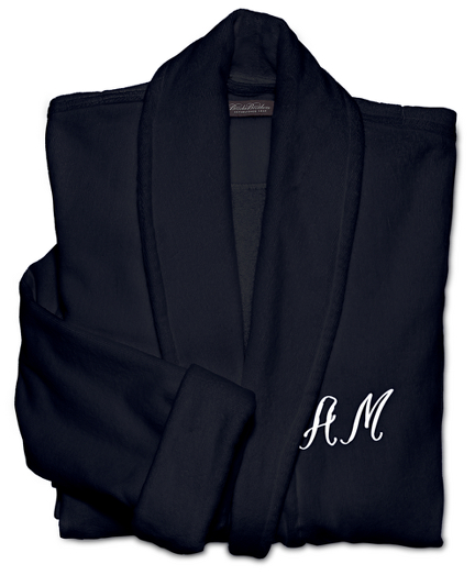 100% plush Turkish cotton velour face terrycloth. Thick pile for absorbency and softness. Shawl collar, self fabric belt and cuffed sleeves. Side patch pockets. Calf length. Imported. White or navy. Monogram available on left breast only. Machine wash.