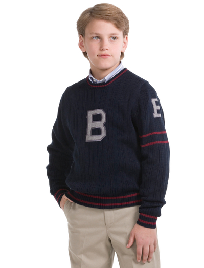 100% Supima� cotton with ribbed body. Contrast stripe at sleeve and neck. "B" patch on center front. Dry clean. Imported.