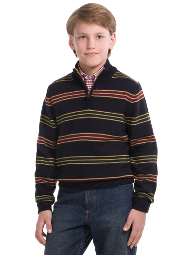 100% merino wool. Ribbed neck, cuffs and hem. Half-zip with mockneck. Dry clean. Imported.