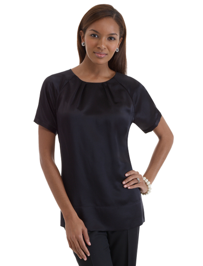 Silk charmeuse. A slightly longer silhouette with shirring detail at neckline. Hidden back zipper. Self covered buttons at cuff. 25 1/2" center back length. Dry clean. Imported.