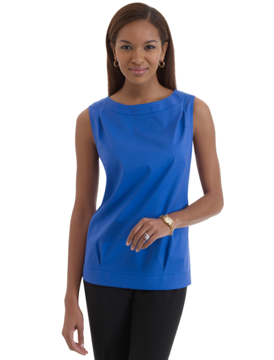 Cotton/lastol. Fitted blouse with pintucks on front and back waistband and shoulders. French bust darts. Hidden side zipper. Banding on hem and neckline. Machine wash. Imported.