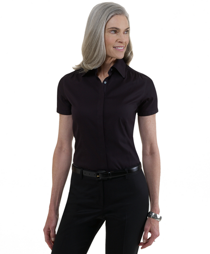 Cotton/lastol. Tailored fit, our slimmest silhouette, woven in pure cotton. Round collar with shirring on shoulders. Hidden placket. Button detail on cuff. Front and back darts. Machine wash. Imported.