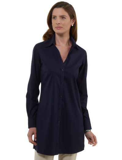 Woven in cotton specially treated to remain virtually wrinkle-free, with a touch of  DOW XLA for stretch. Tunic length. Single-button barrel cuffs. Traditional placket. Front darts, back yoke and signature shirring at cuffs. Machine wash. Imported.