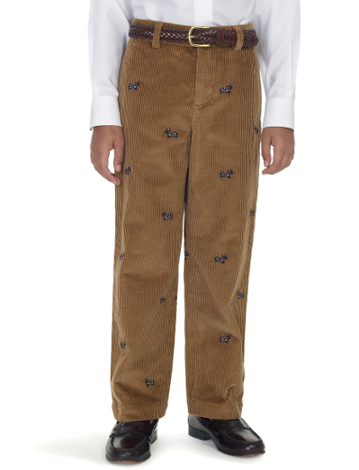 Cotton. Plain front with finished bottoms. Adjustable elastic waistband and hidden snap button front on sizes 4-6. Welt back on-seam pockets. Machine wash. Imported.