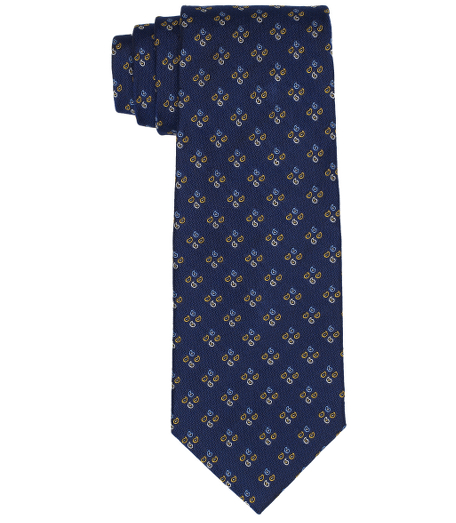 Pure silk woven in England. 3 1/2" width. Dry clean. Made in the USA.