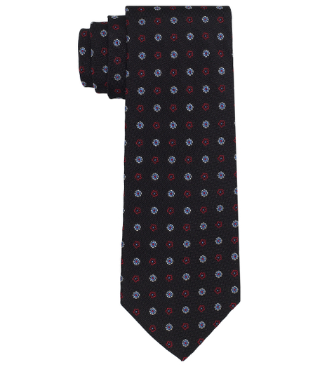Pure silk woven in England. 3 1/2" width. Dry clean. Made in the USA.