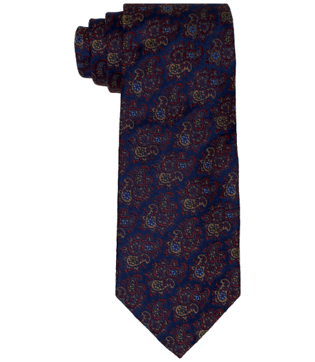 Pure silk woven in England. 3 1/2" width. Dry clean. Made in the USA.