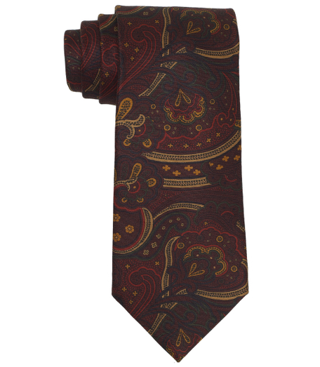 Pure silk printed in Italy. 4" width. Self-loop. Dry clean. Made in the USA.