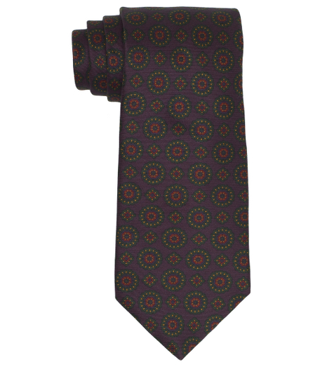 Pure silk printed in Italy. 4" width. Self-loop. Dry clean. Made in the USA.