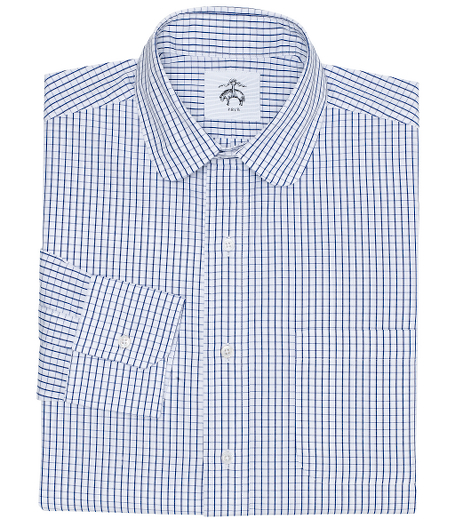 Pure cotton broadcloth. Round collar. Mitered cuffs. Side gussets. Mother-of-pearl buttons. Locker loop at back neck. Machine wash warm. Made in the USA.