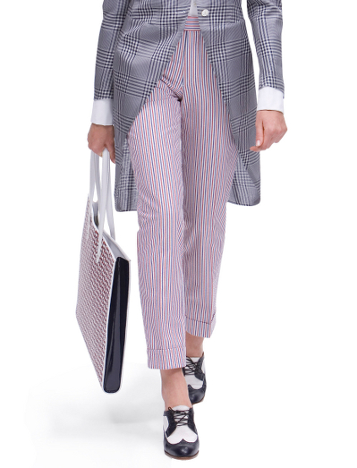 Cotton. Lined in 100% Bemberg cupro. Signature stripe lining. Zip fly. Unfinished. Mother-of-pearl buttons. Dry clean. Made in Italy.