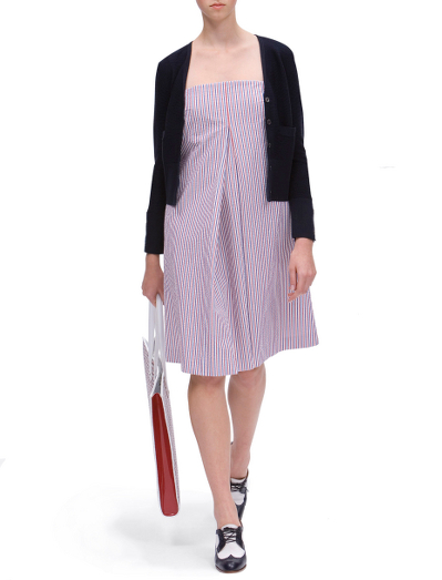 Cotton. Lined in 100% Bemberg cupro. Red/white/navy grosgrain straps. Falls below the knee. Dry clean. Made in Italy.