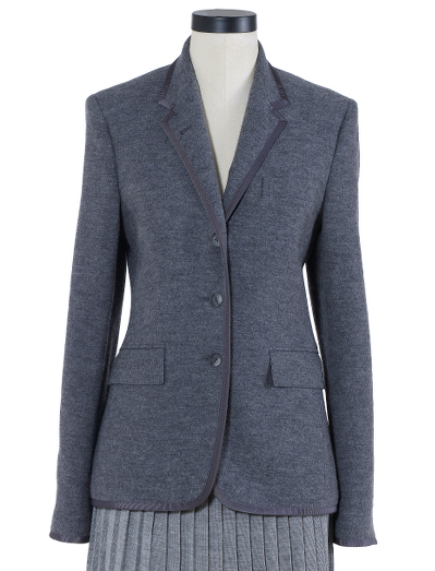 Pure wool knit. Half-lined in 100% Bemberg signature stripe lining. Tipped in grey grosgrain. Genuine horn buttons. Dry clean. Imported.