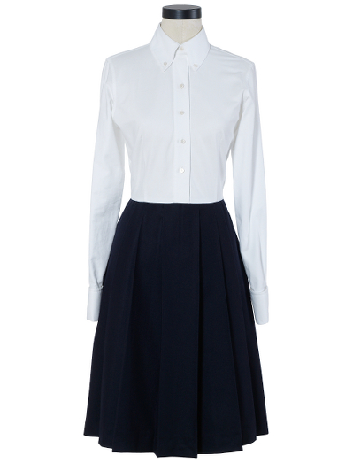 Pure cotton oxford top with a wool flannel bottom lined in Bemberg. Mother-of-pearl buttons. Falls below the knee. Dry clean. Made in Italy.