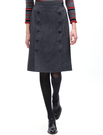 Pure wool with a 100% Bemberg lining. Genuine horn buttons. Falls below the knee. Dry clean. Imported.