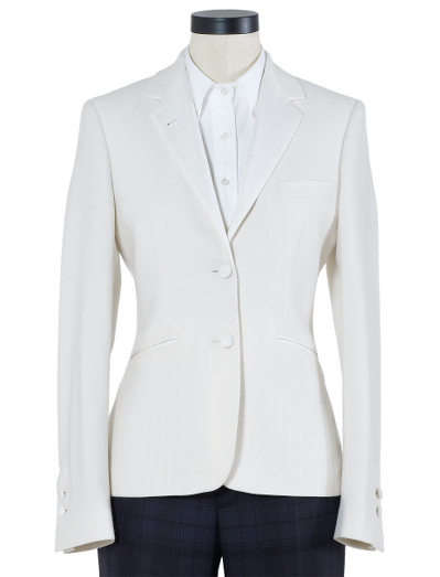 Pure wool. 100% Bemberg signature stripe lining. Silk faille lapel and covered buttons. Half canvas construction. Locker loop at back neck. Dry clean. Imported.