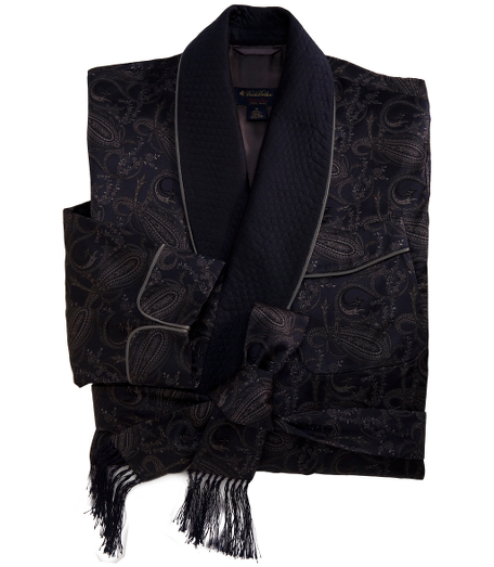 Leisurely luxury has never felt more indulgent than with our heavy silk jacquard dressing gown. Lined in an additional layer of pure silk, the elegant cut assures extra ease. Impeccable details include cuffed sleeves, crisp piped edges, a quilted shawl collar, and removable belt. Two roomy patch pockets. Calf-length. Dry clean. Hand tailored in England.