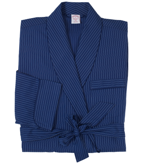 Pure cotton broadcloth. Luxuriously cut for extra comfort. Shawl collar, chest pocket, patch pockets, cuffed sleeves and removable belt. Locker loop at neck. Calf-length. Machine wash. Imported.