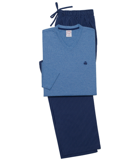 Solid long sleeve cotton knit shirt with embroidered  Golden Fleece logo on chest and contrasting tape on neck and side vents. Cotton broadcloth lounge pants with drawstring elastic waist, side seam, and back patch pocket. Machine wash. Imported.