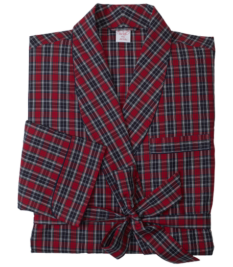 Pure cotton broadcloth. Luxuriously cut for extra comfort. Shawl collar, chest pocket, patch pockets, cuffed sleeves and removeable belt. Locker loop at neck. Calf length. Machine wash. Imported.