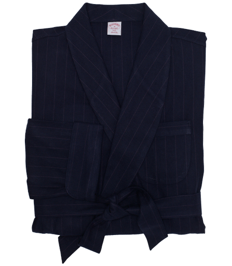 Pure cotton flannel. Luxuriously cut for extra comfort. Shawl collar, chest and side patch pockets, cuffed sleeves and removable belt. Calf-length. Locker loop at neck. Machine wash. Imported.