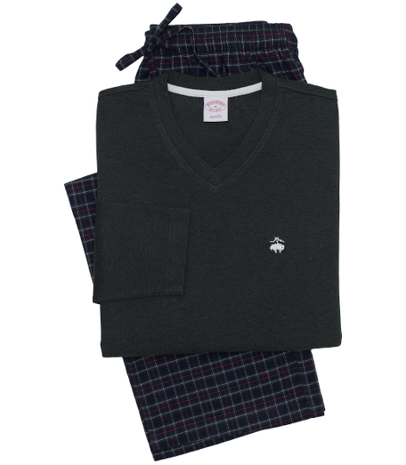 Solid long sleeve cotton knit shirt with embroidered  Golden Fleece� logo on chest and contrasting tape on neck and side vents. Cotton flannel  lounge pant with drawstring elastic waist, side seam, and back patch pocket. Machine wash. Imported.