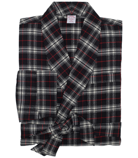 Pure cotton flannel. Luxuriously cut for extra comfort. Shawl collar, chest and side patch pockets, cuffed sleeves and removable belt. Calf-length. Locker loop at neck. Machine wash. Imported.