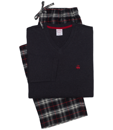 Solid long sleeve cotton knit shirt with embroidered  Golden Fleece� logo on chest and contrasting tape on neck and side vents. Cotton flannel  lounge pant with drawstring elastic waist, side seam, and back patch pocket. Machine wash. Imported.