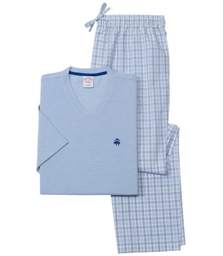 Solid short-sleeve cotton knit v-neck shirt with embroidered Golden Fleece logo on chest and contrasting tape on neck and side vents. Cotton broadcloth lounge pant with drawstring elastic waist, side seam, and back patch pocket. Machine wash. Imported.