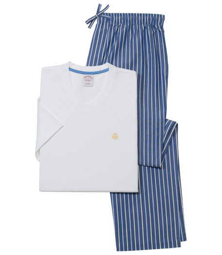 Solid short-sleeve cotton knit v-neck shirt with embroidered Golden Fleece logo on chest and contrasting tape on neck and side vents. Cotton broadcloth lounge pant with drawstring elastic waist, side seam, and back patch pocket. Machine wash. Imported.