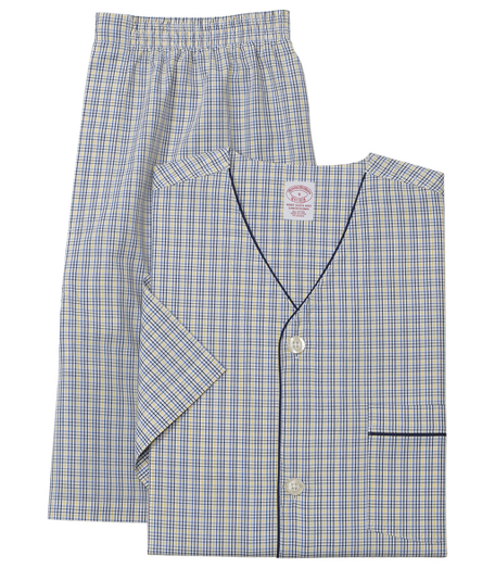 Pure cotton broadcloth. Comfortably styled button-front with v-neck and short sleeves. Chest patch pocket and piped edges. Elastic waist knee length shorts.Machine wash. Imported.