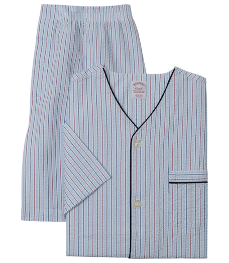 Pure cotton seersucker. Comfortably styled button-front with v-neck and short sleeves. Chest patch pocket and piped edges. Elastic waist knee length shorts.Machine wash. Imported.