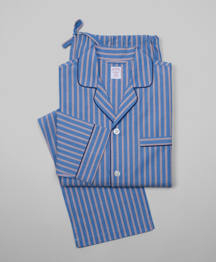 Pure cotton broadcloth. Classic pajamas comfortably styled with button-front notch collar top. Chest patch pocket and locker loop at neck. Bottoms have button closure and drawstring waist. Machine wash. Imported.