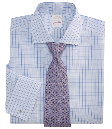 Pure cotton woven in Italy. English collar and French cuffs. Luxury fit. Natural shell buttons. Machine wash. Made in the USA. Cuff links not included.