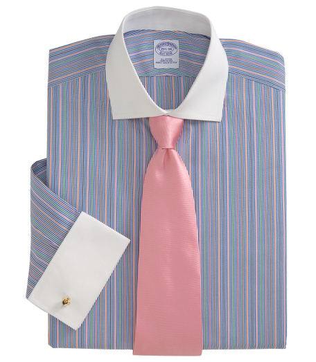 Pure Egyptian cotton woven in Italy. French front placket, chevron split-back yoke. White English collar and signature shirring at white French cuffs. Machine wash. Made in the USA. Cuff links not included.