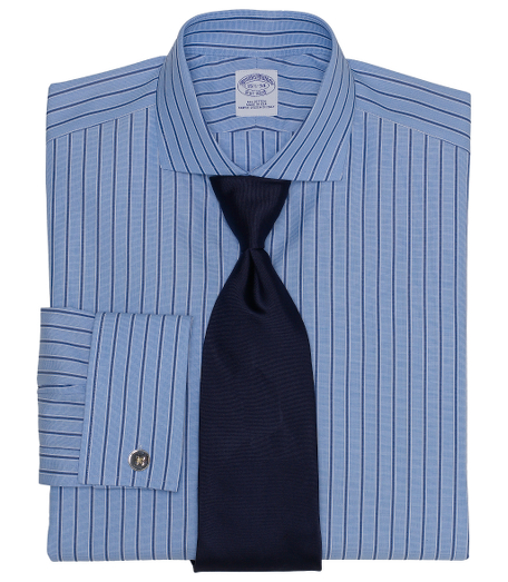 Pure Egyptian cotton woven in Italy. English collar. Signature shirring at French cuffs. French placket and chevroned split back yoke. Machine wash. Made in the USA. Cuff links not included.