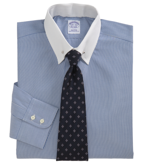 Pure Egyptian cotton woven in Italy. White bar tie collar. Signature shirring at double barrel cuffs. French placket and chevroned split back yoke. Machine wash. Made in the USA.