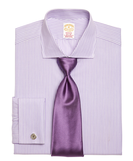 Pure Egyptian cotton woven in Italy. French placket and chevron split-back yoke. English collar and signature shirring at French cuffs.  Mother-of-pearl buttons. Machine wash. Made in the USA. Cuff links not included.