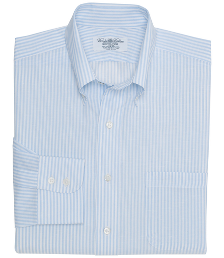 Cotton and linen blend woven in Italy. The original Polo� button-down collar. Signature shirring at double barrel cuffs. French placket and chevroned split-back yoke. Genuine trocas shell buttons. Regular fit. Machine wash. Made in the USA.