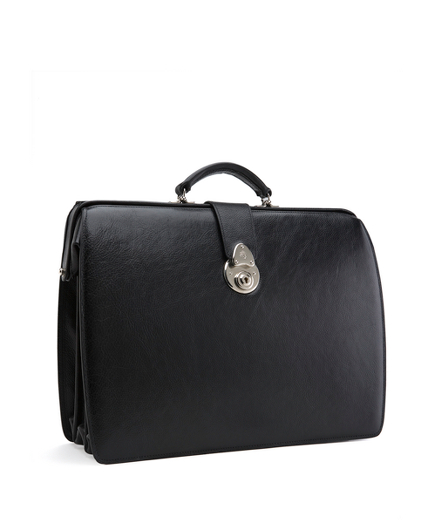 Genuine leather. Top and handle and open. Silver-toned hardware. Lock closure. Outside back pocket .Inside divided into three compartments, with padded center for laptop and a zippered compartment.  Navy pinstripe lining. 15" X 11" X 6". Handmade in the USA.