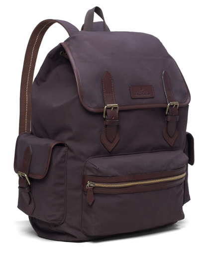 Pure cotton with calfskin trim. Brass hardware and polyester navy twill lining. 13" x 5.5" x 17". Imported.