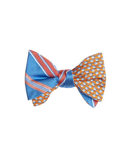 Alternating Textured Famed Stripe with Panama Hat Print Reversible Bow Tie