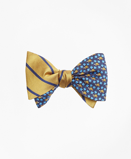 Twill Stripe with Turtle and Leaf Print Reversible Bow Tie