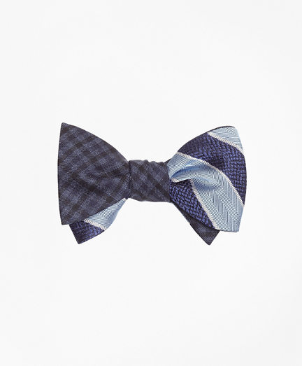 Herringbone Texture Framed Stripe with Multi-Check Reversible Bow Tie